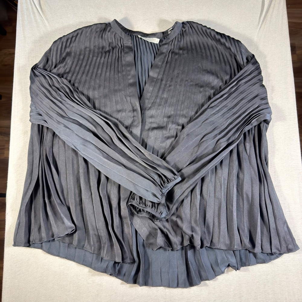 Vince Pleated V-Neck Long Sleeve Blouse Black L RN106730
